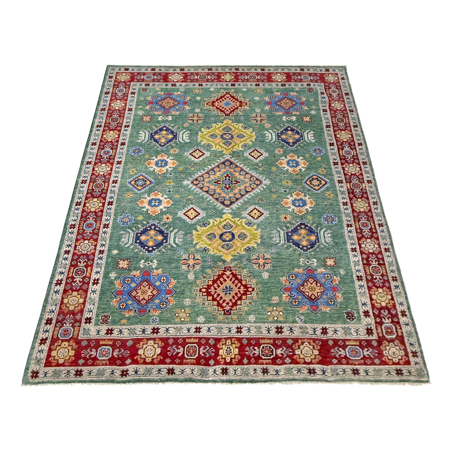 Kazak Rug Handmade Green Medallion 7x10 ft