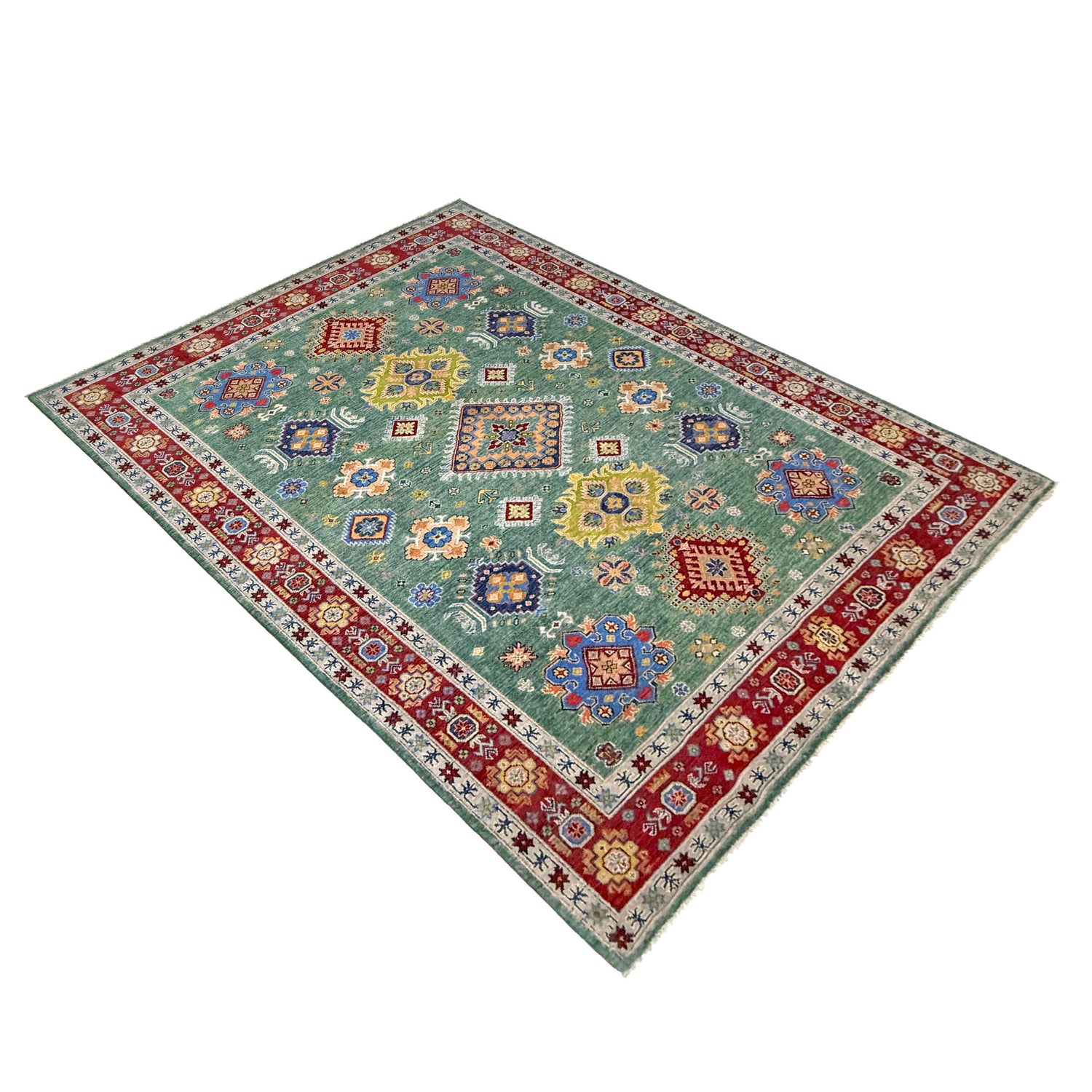 Kazak Rug Handmade Green Medallion 7x10 ft