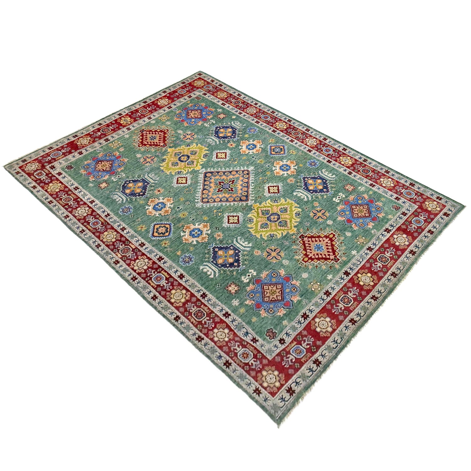 Kazak Rug Handmade Green Medallion 7x10 ft