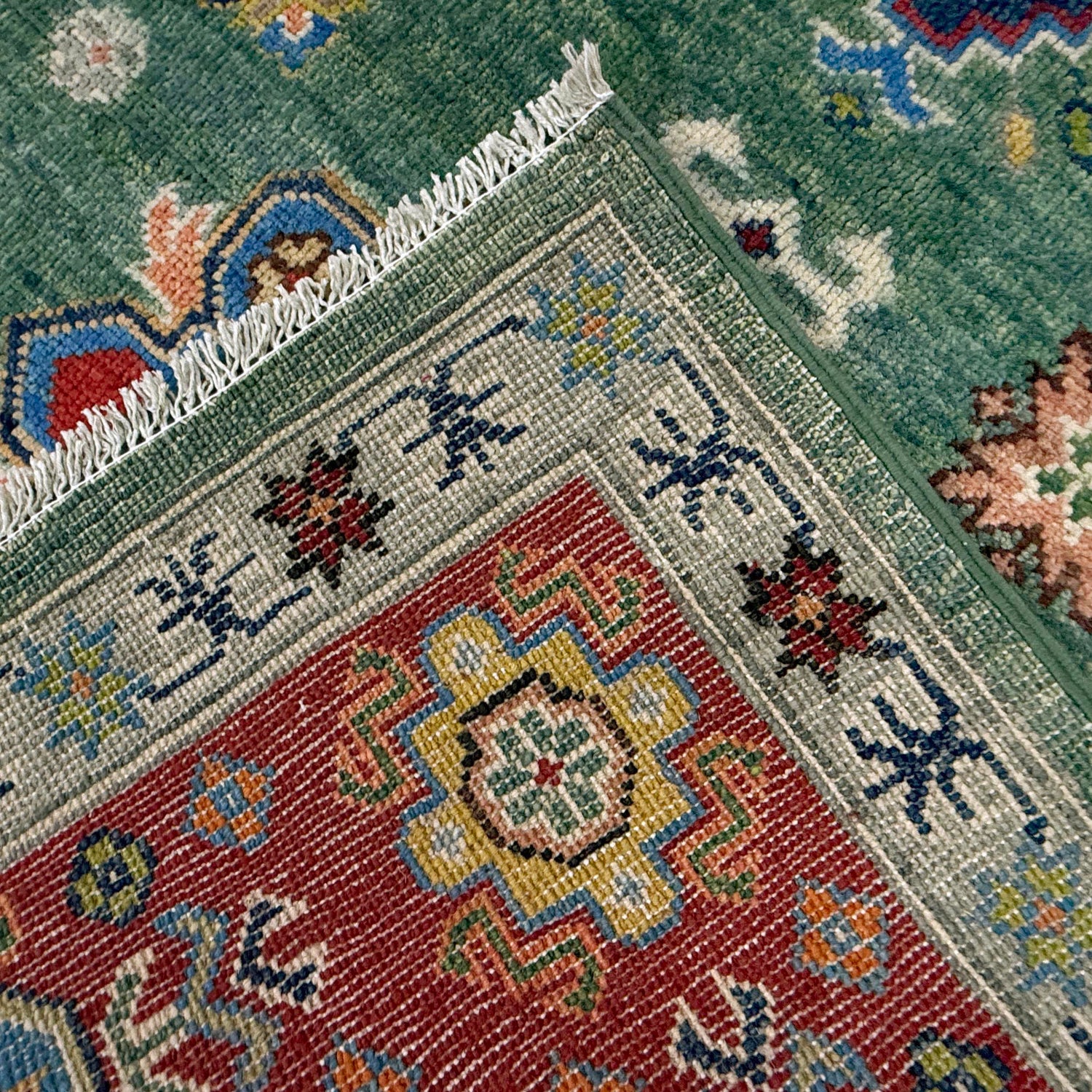 Kazak Rug Handmade Green Medallion 7x10 ft