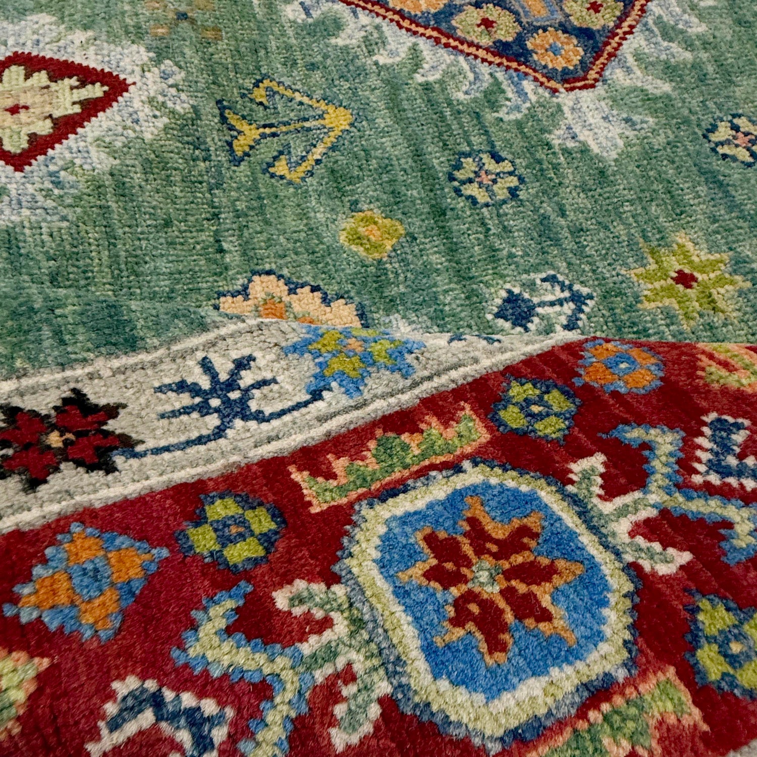 Kazak Rug Handmade Green Medallion 7x10 ft