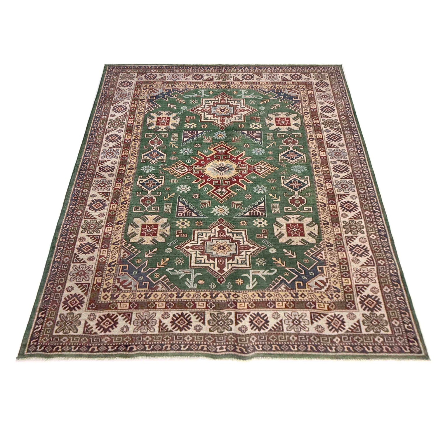 Kazak Rug Handmade Green Medallion 7x10 ft