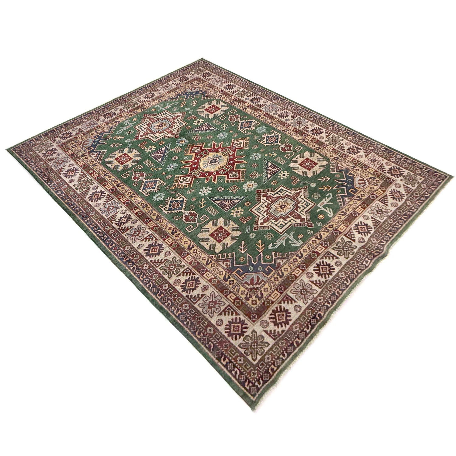Kazak Rug Handmade Green Medallion 7x10 ft