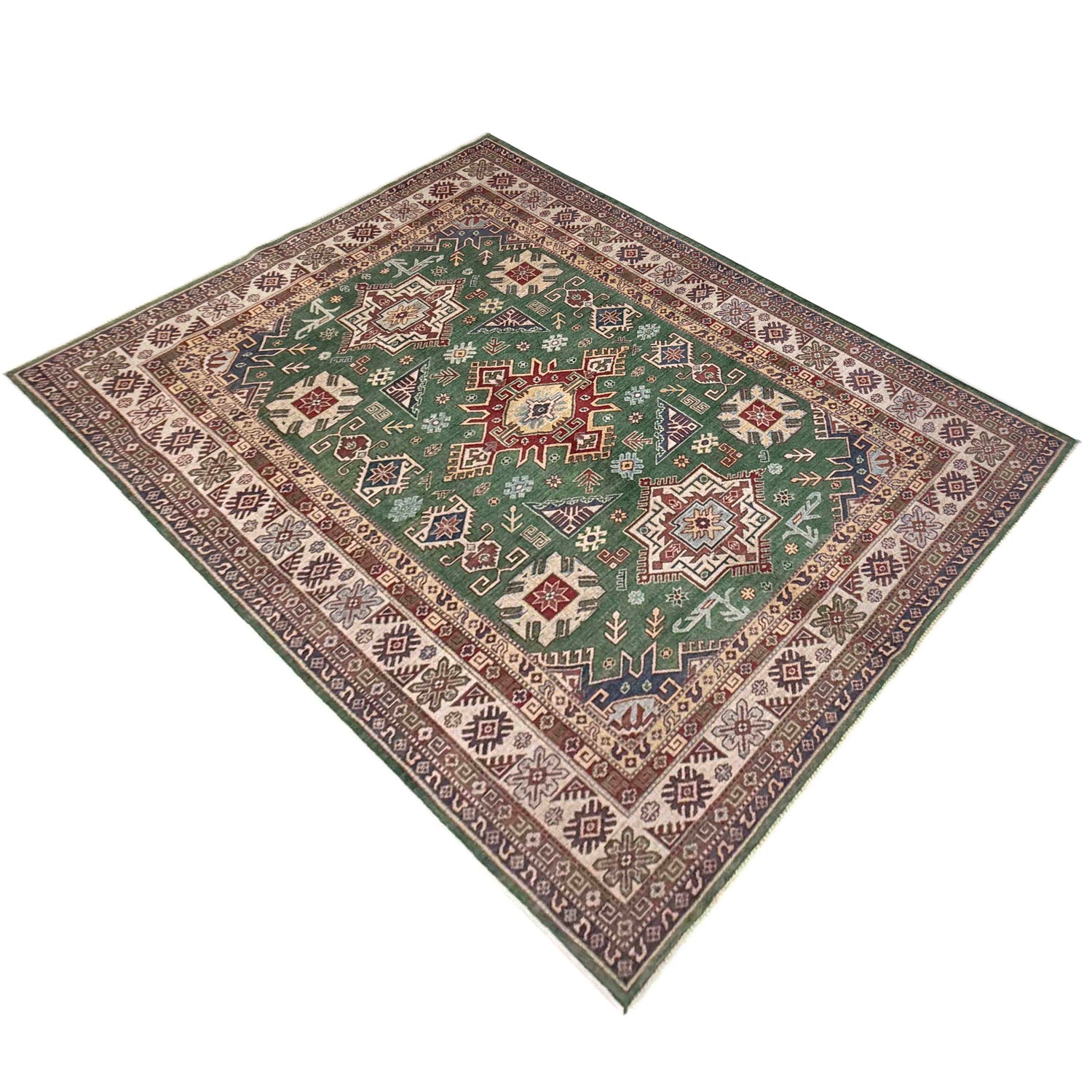 Kazak Rug Handmade Green Medallion 7x10 ft