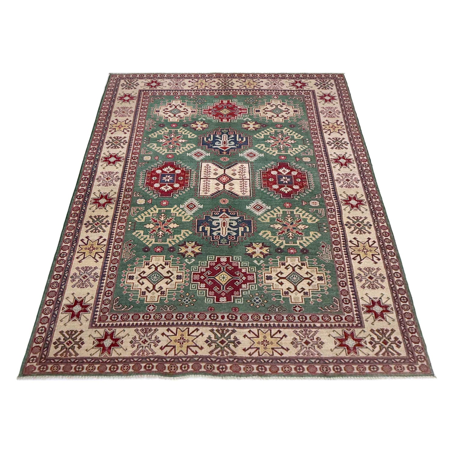 Kazak Rug Handmade Green Medallion 7x10 ft