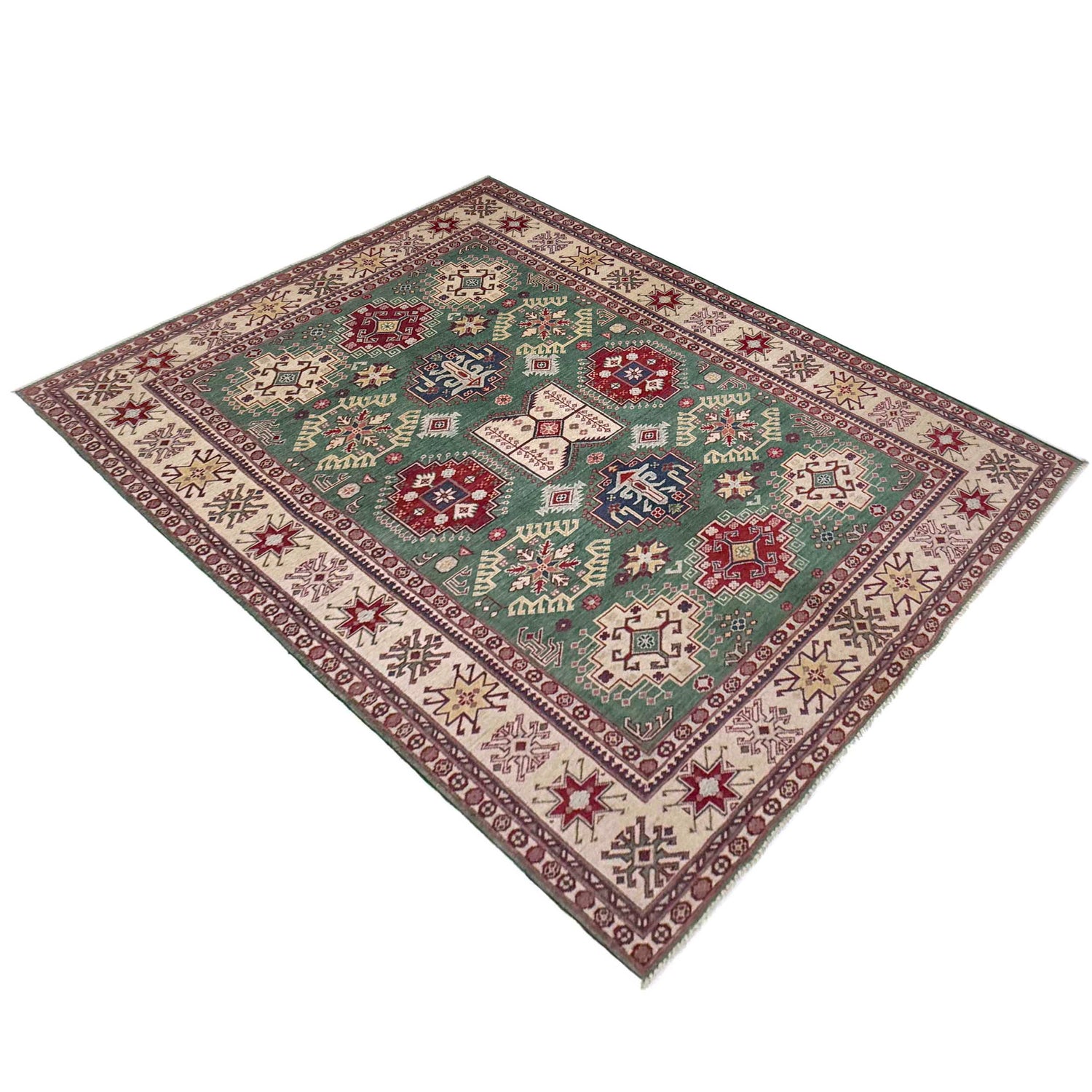 Kazak Rug Handmade Green Medallion 7x10 ft