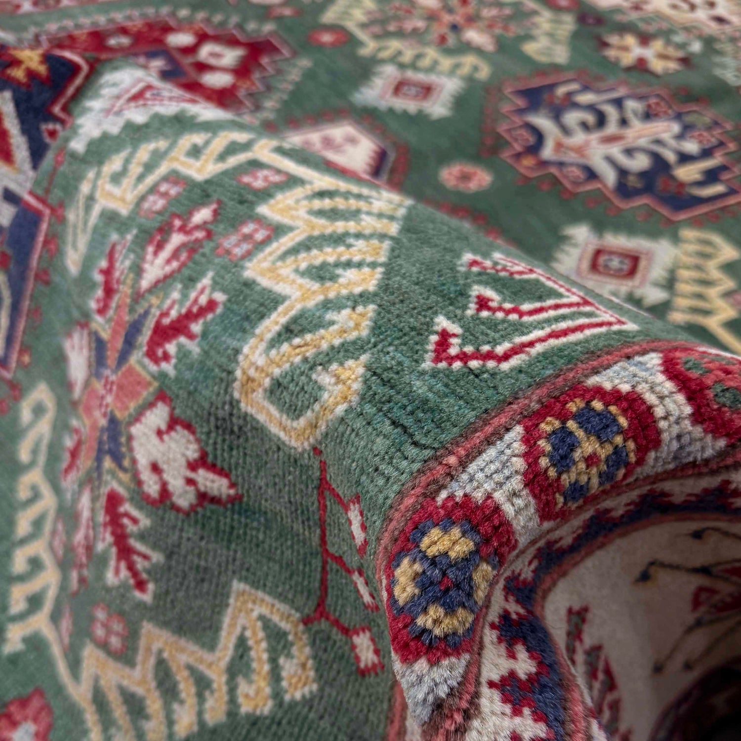 Kazak Rug Handmade Green Medallion 7x10 ft
