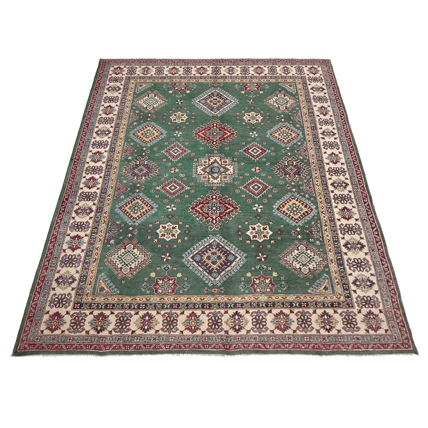 Kazak Rug Handmade Green Medallion 7x10 ft