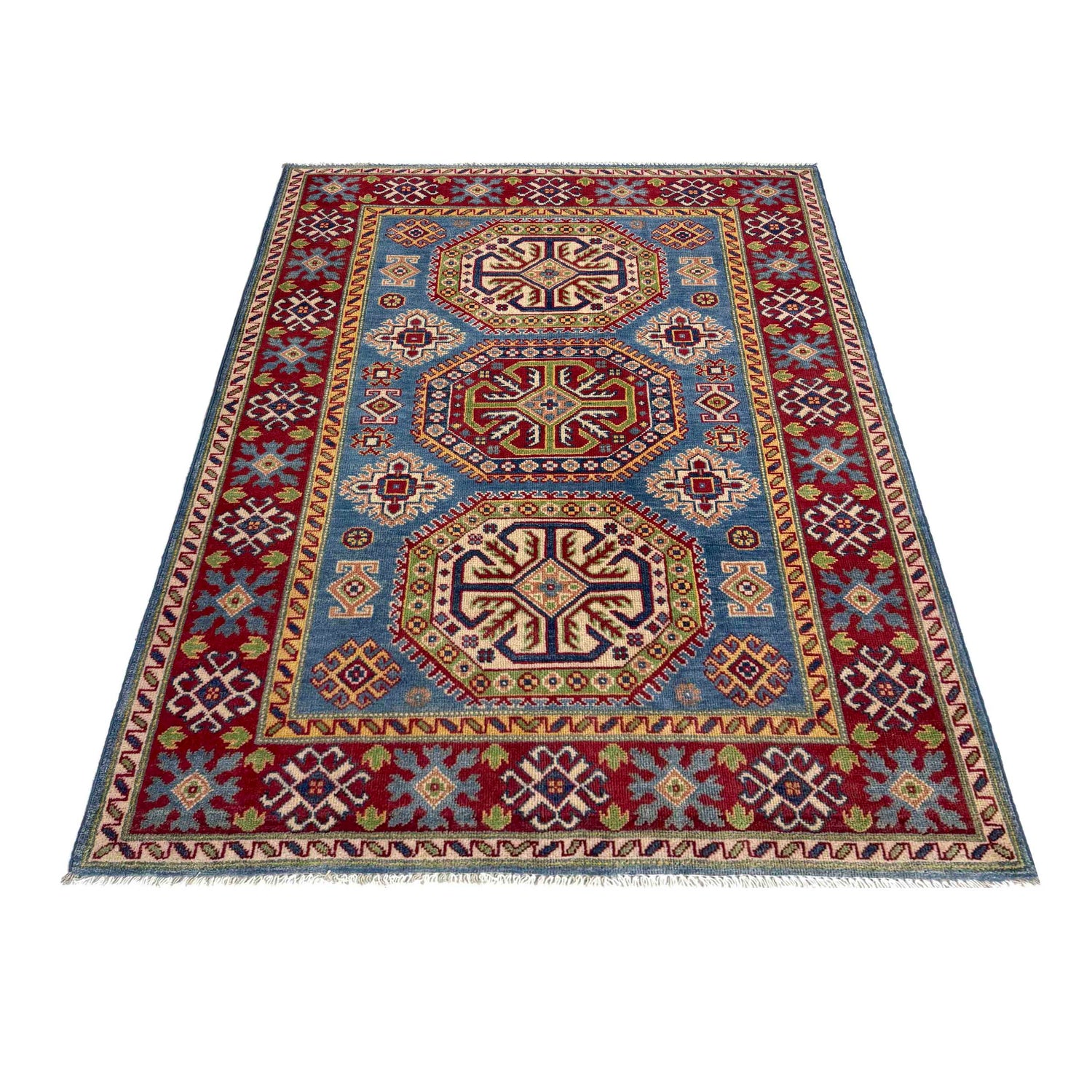 Kazak Rug Handmade Blue Medallion 4x6 ft