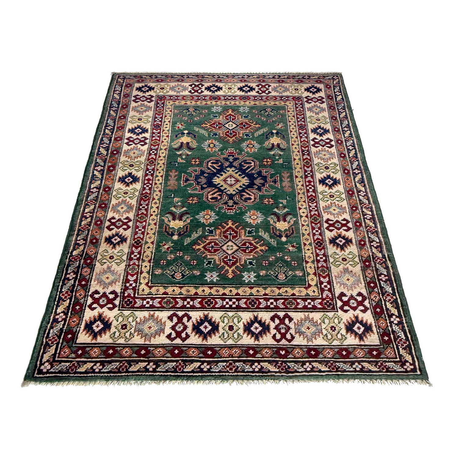 Kazak Rug Handmade Green Medallion 3x5 ft