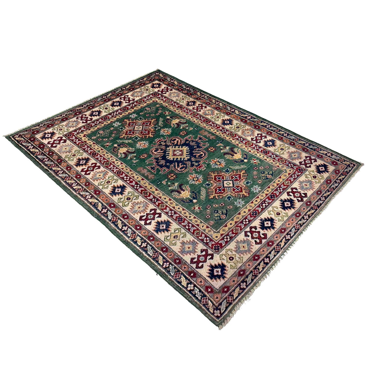 Kazak Rug Handmade Green Medallion 3x5 ft