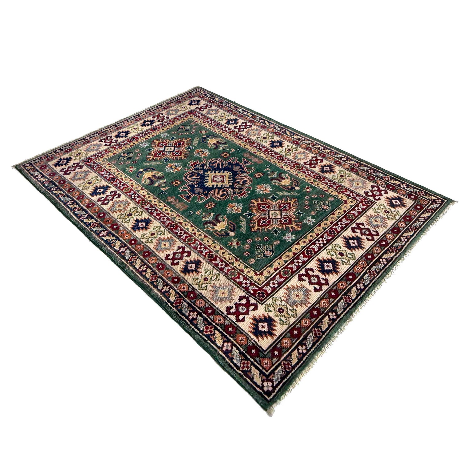 Kazak Rug Handmade Green Medallion 3x5 ft