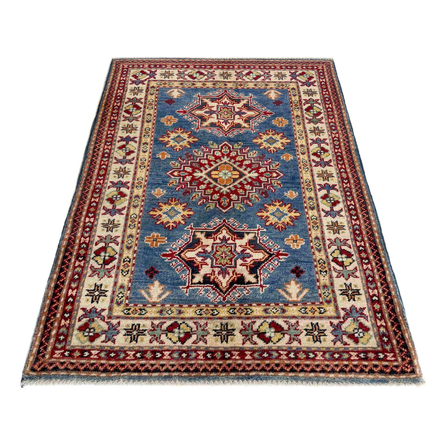 Kazak Rug Handmade Blue Medallion 2x4 ft