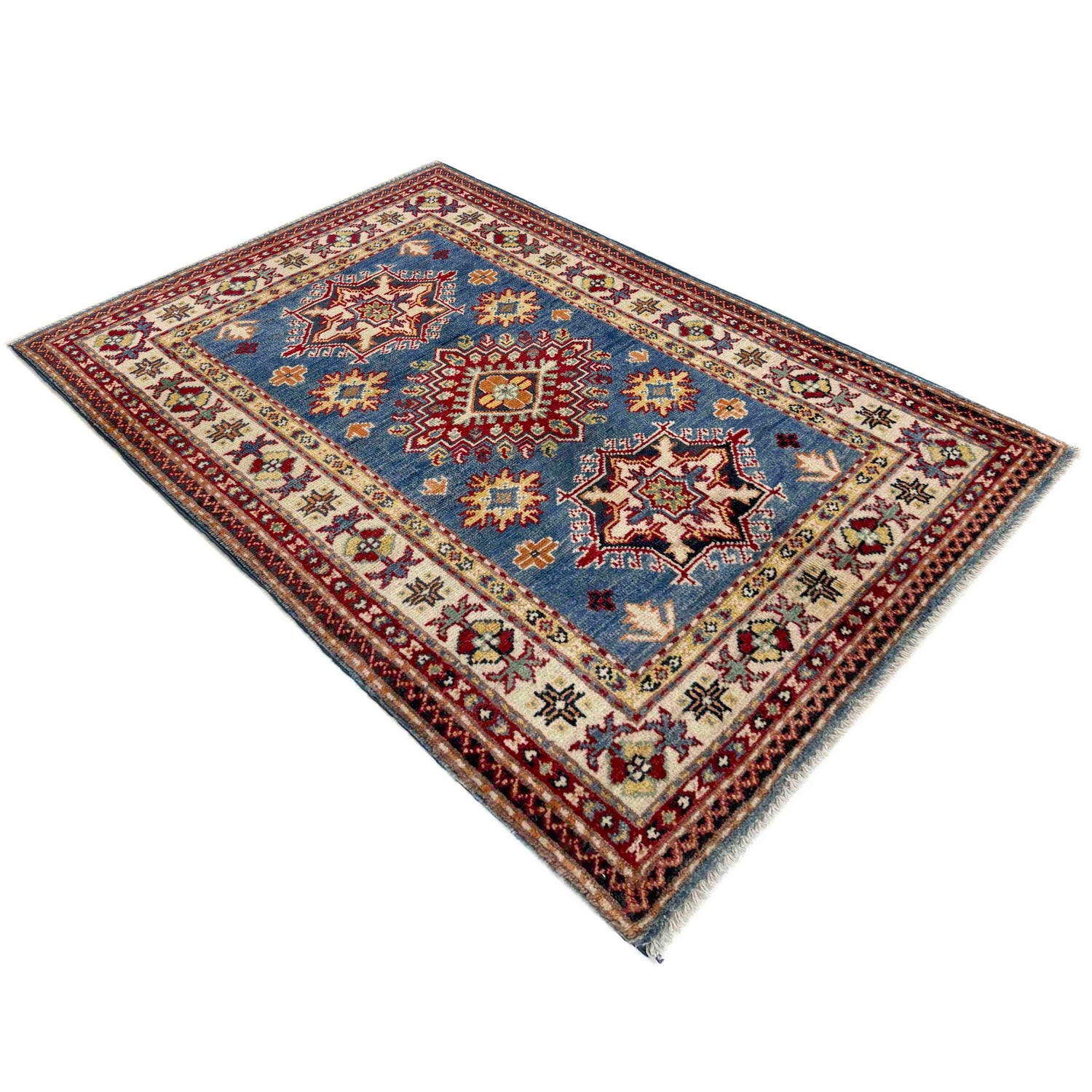 Kazak Rug Handmade Blue Medallion 2x4 ft