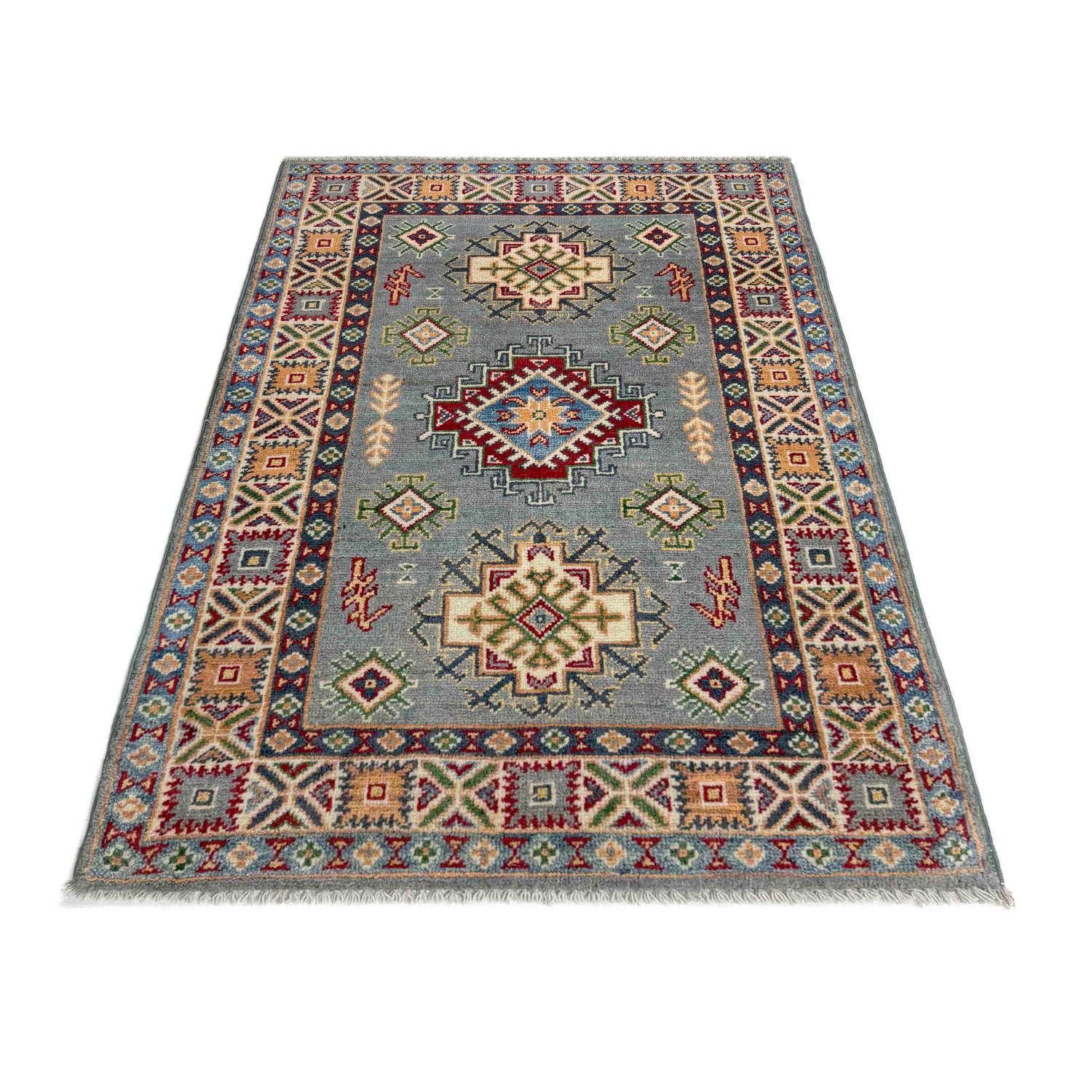 Kazak Rug Handmade Gray Medallion 2x4 ft