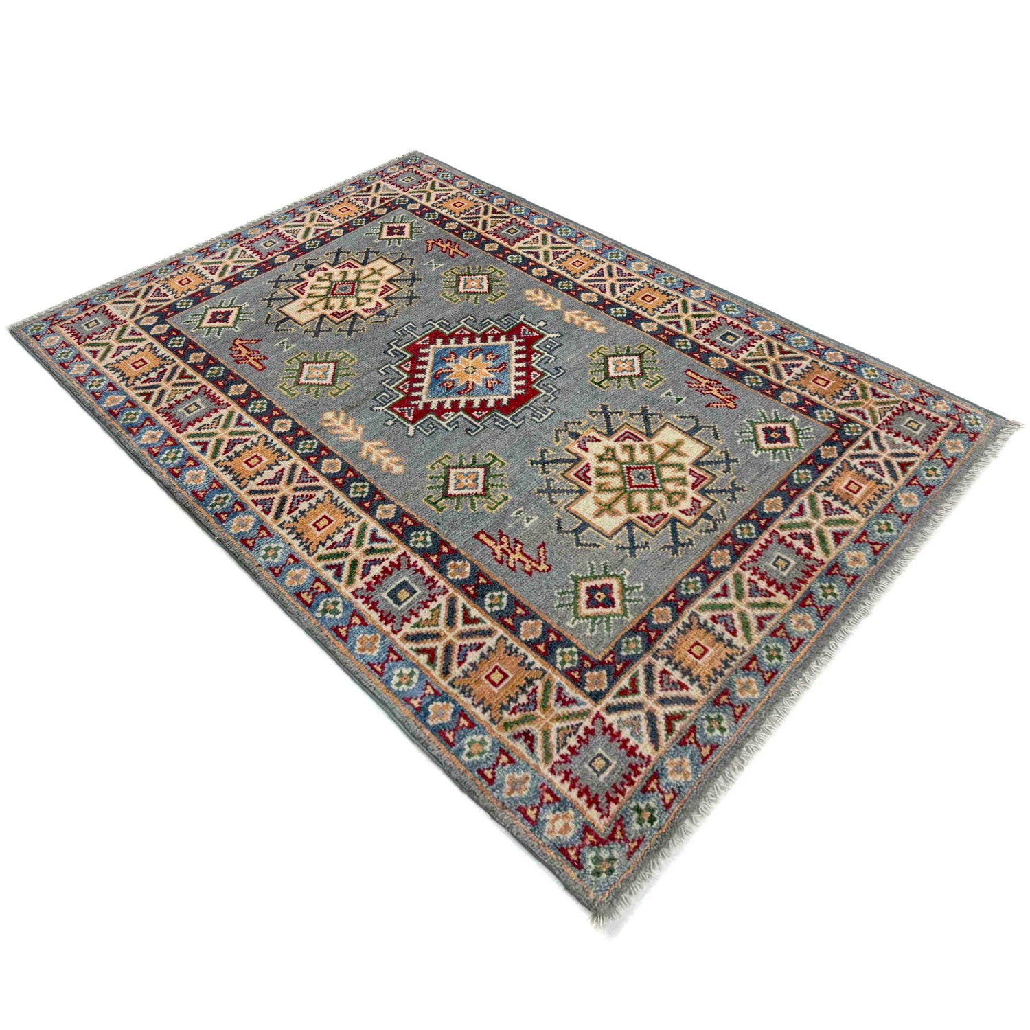 Kazak Rug Handmade Gray Medallion 2x4 ft
