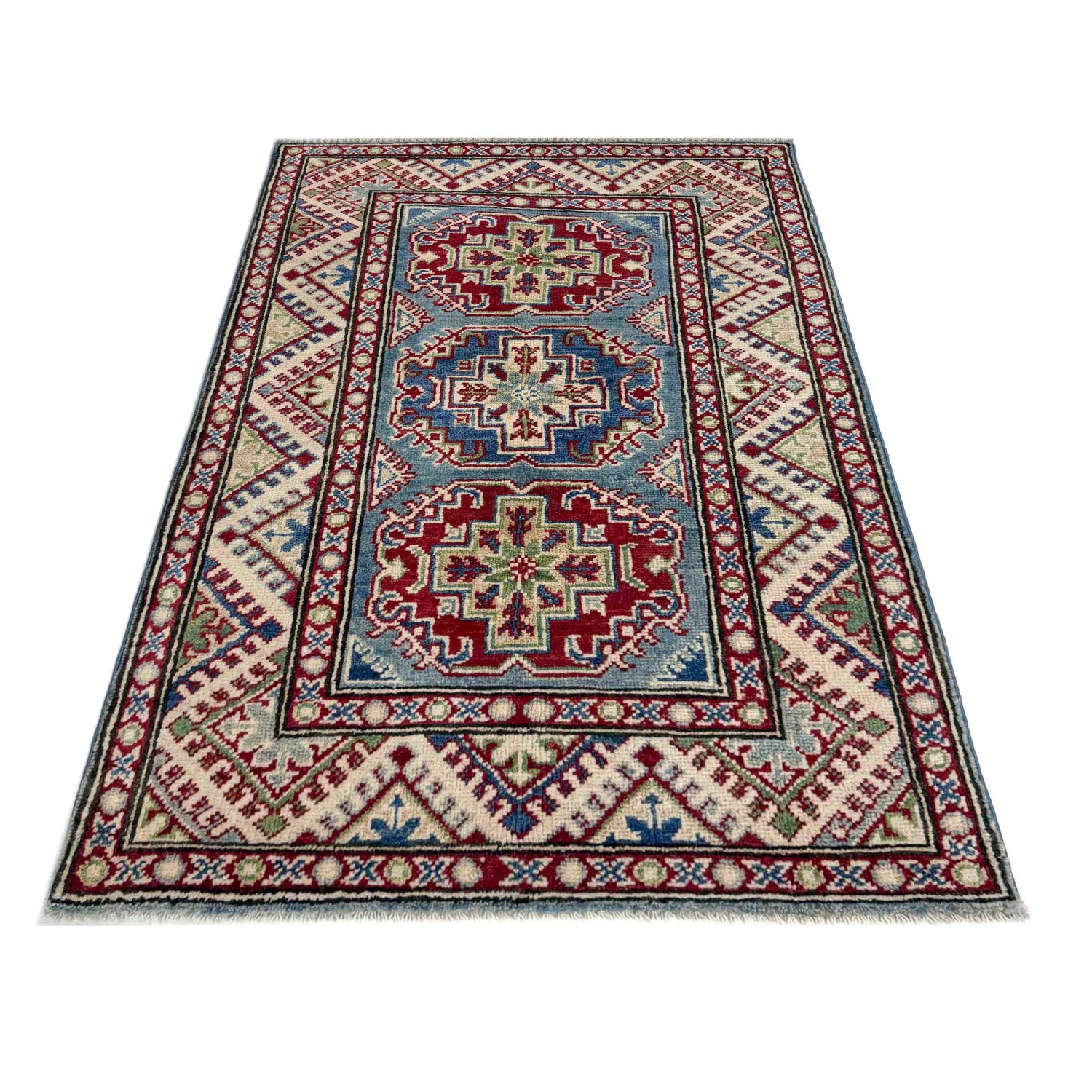 Kazak Rug Handmade Blue Medallion 2x4 ft