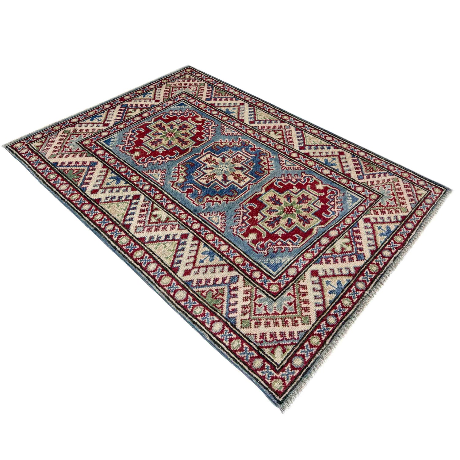Kazak Rug Handmade Blue Medallion 2x4 ft