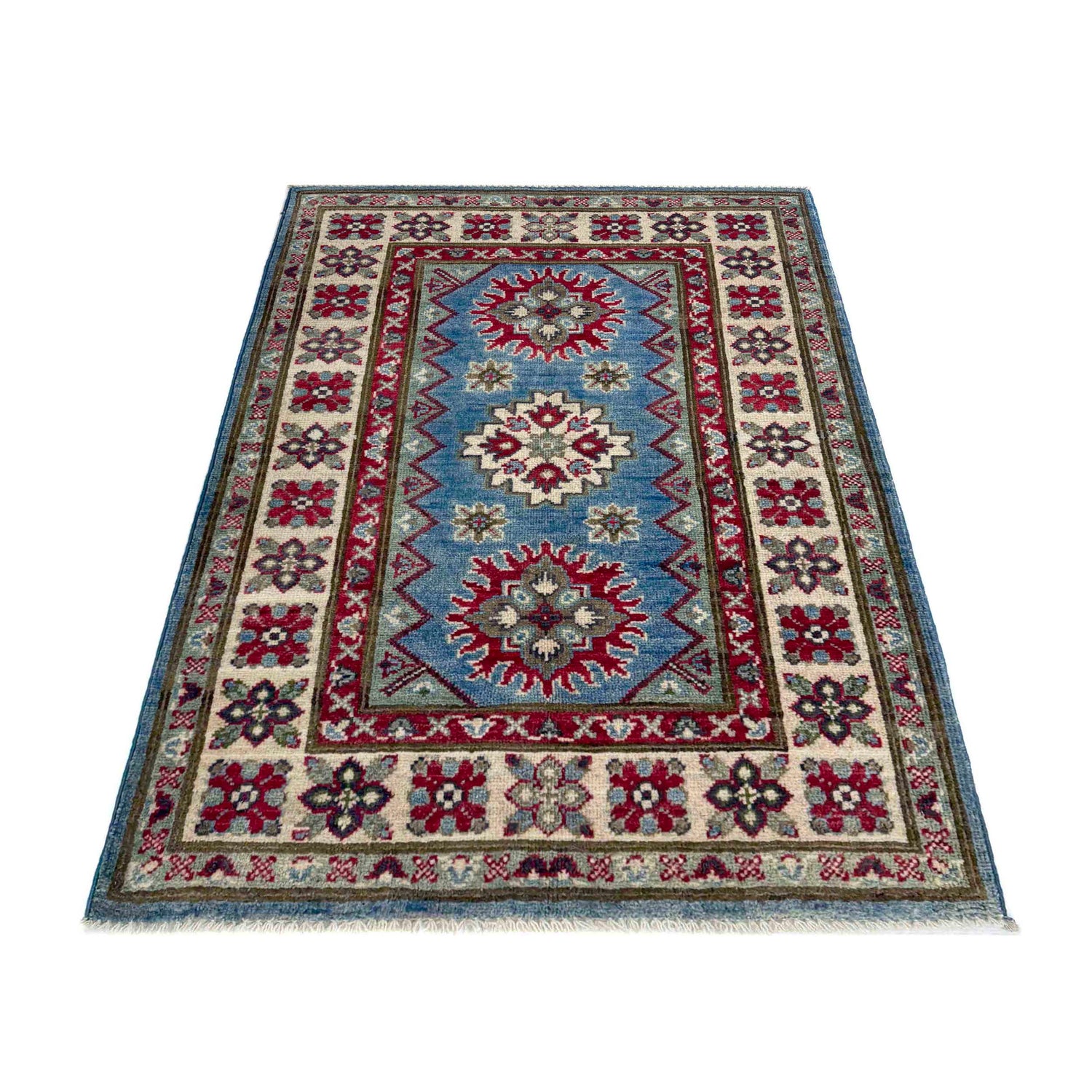 Kazak Rug Handmade Blue Medallion 2x4 ft
