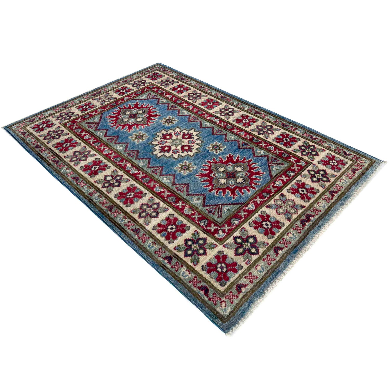 Kazak Rug Handmade Blue Medallion 2x4 ft