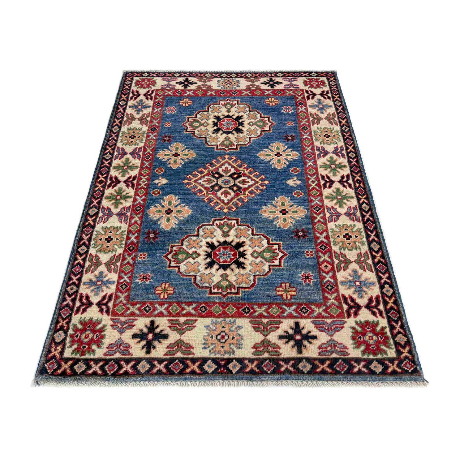 Kazak Rug Handmade Blue Medallion 2x4 ft