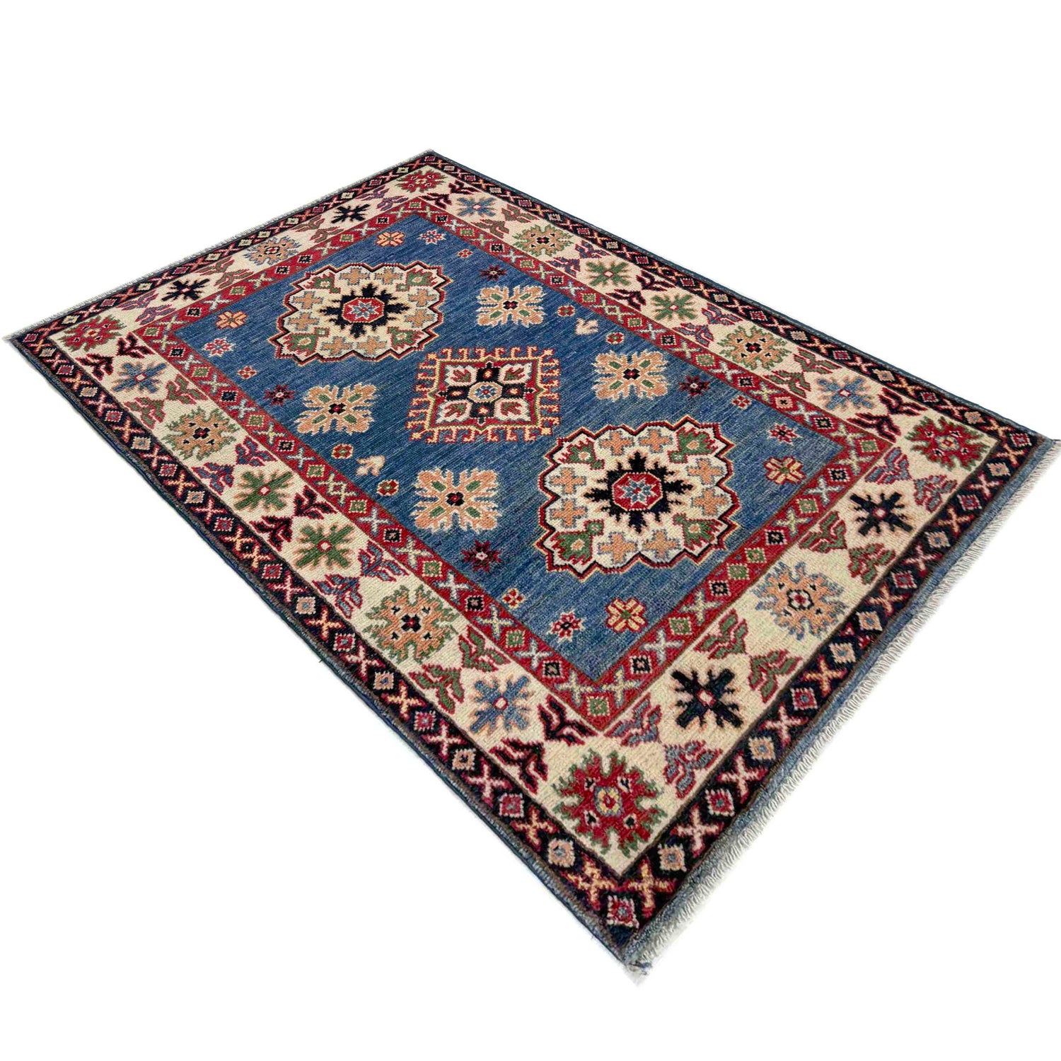Kazak Rug Handmade Blue Medallion 2x4 ft