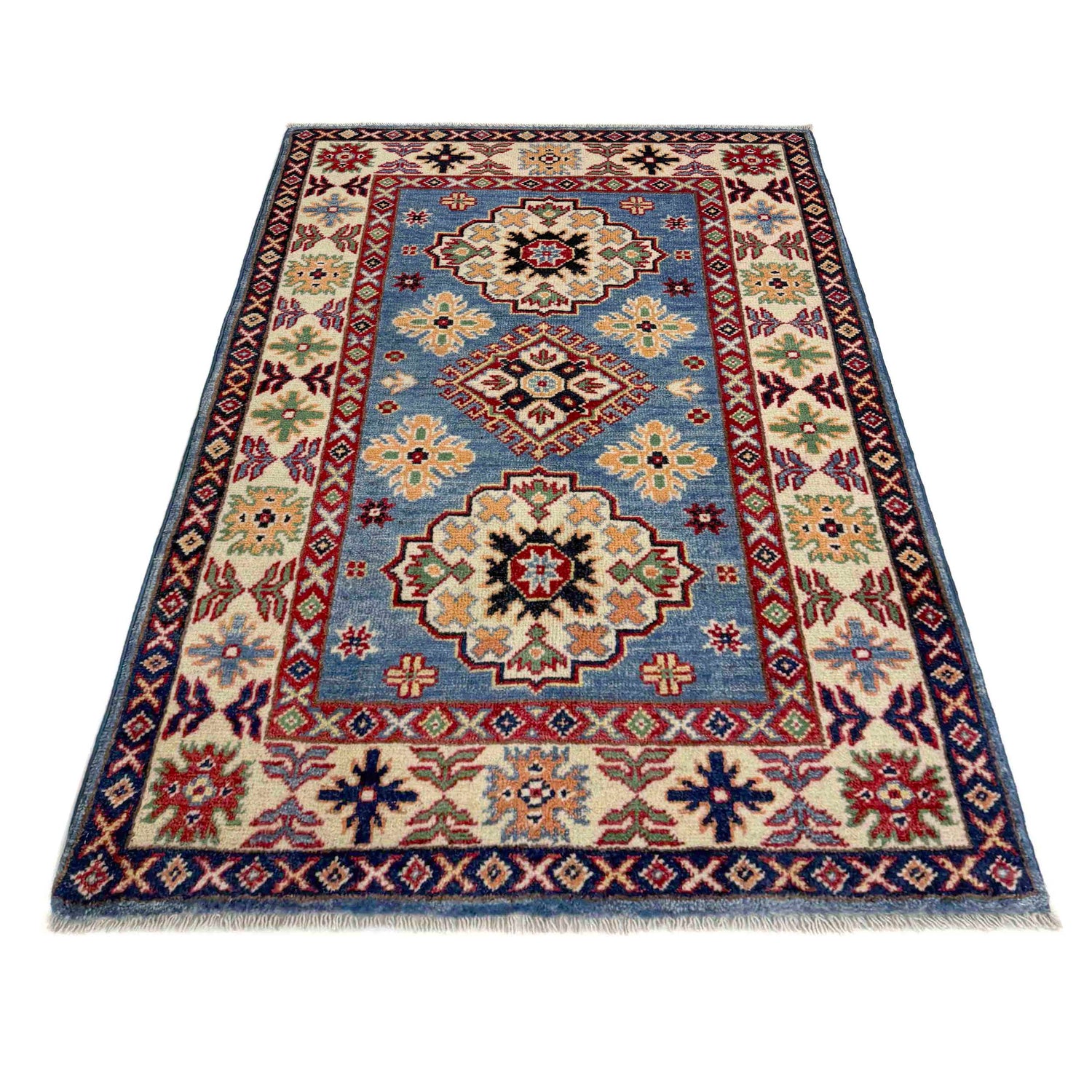 Kazak Rug Handmade Blue Medallion 2x4 ft