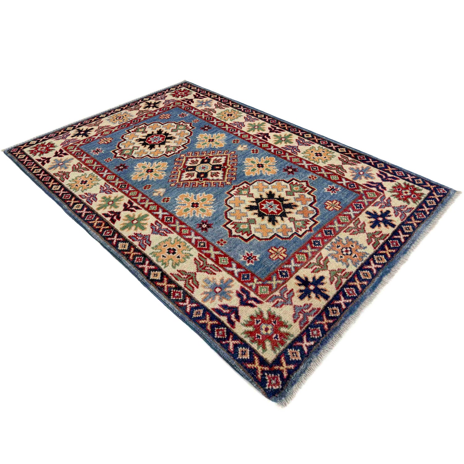 Kazak Rug Handmade Blue Medallion 2x4 ft