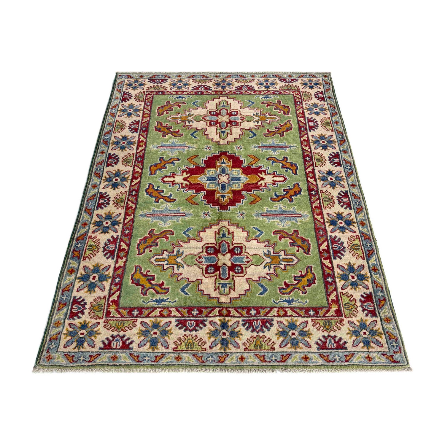 Kazak Rug Handmade Green Medallion 3x5 ft