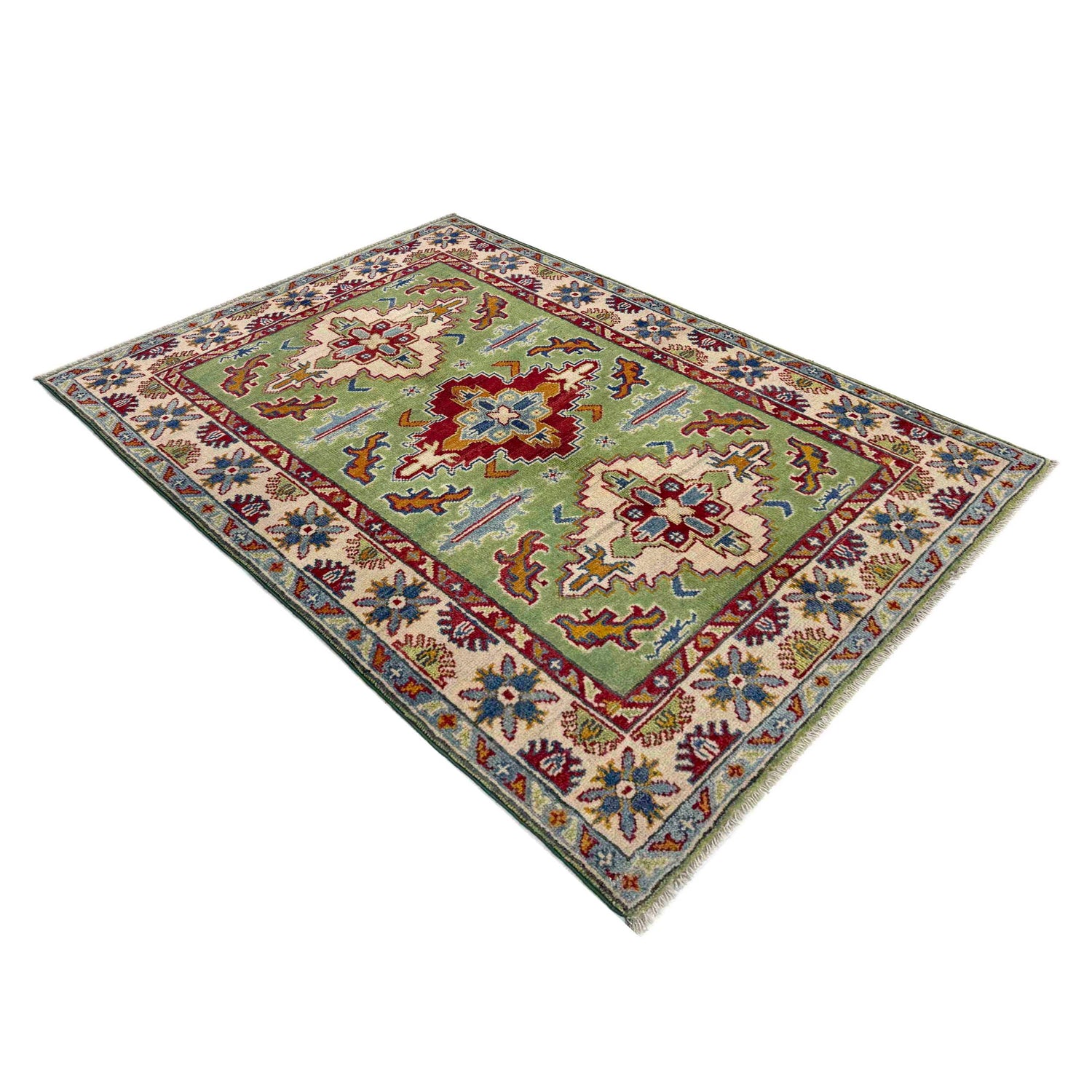 Kazak Rug Handmade Green Medallion 3x5 ft
