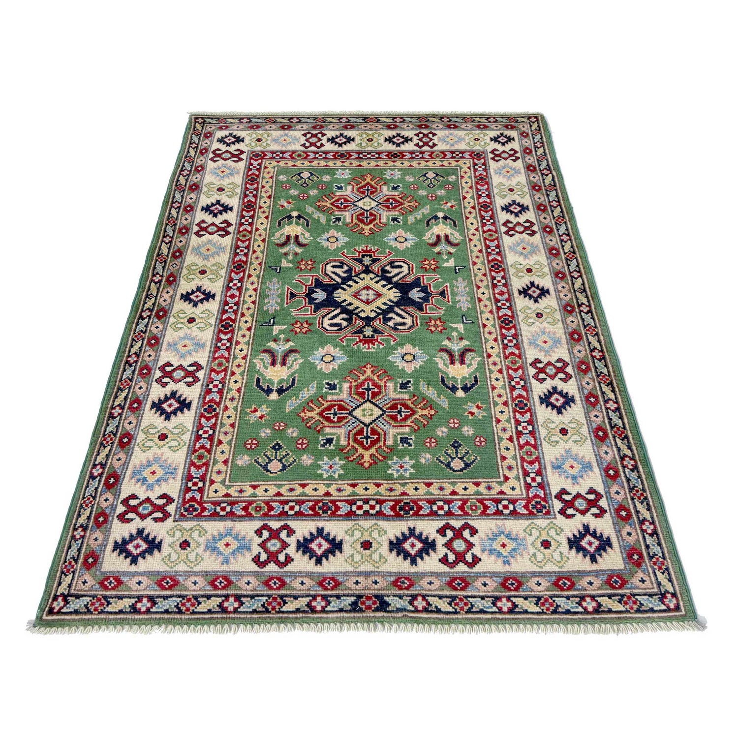 Kazak Rug Handmade Green Medallion 3x5 ft