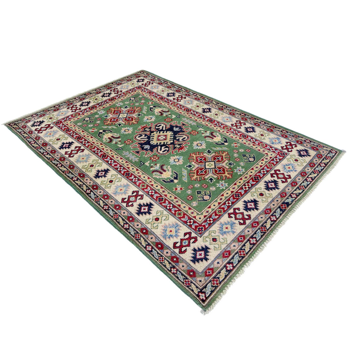 Kazak Rug Handmade Green Medallion 3x5 ft