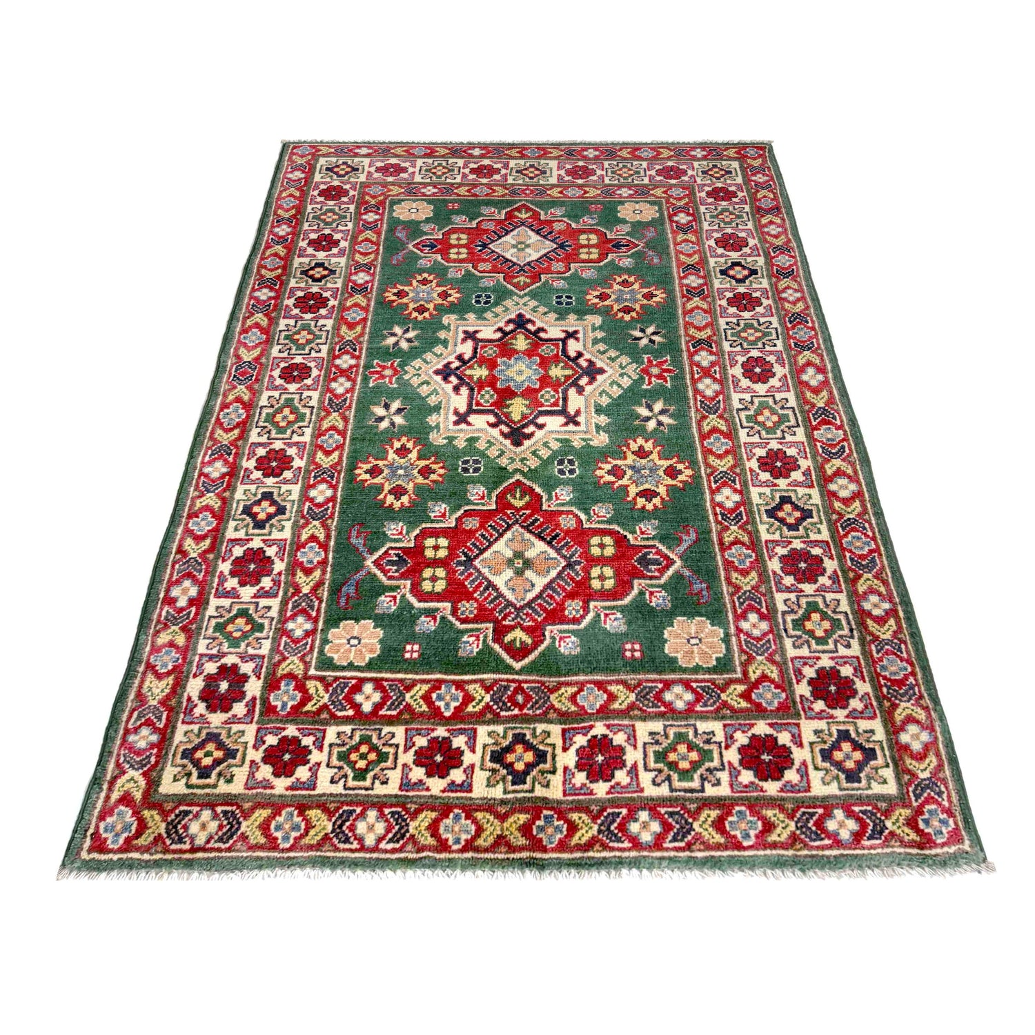 Kazak Rug Handmade Green Medallion 3x5 ft