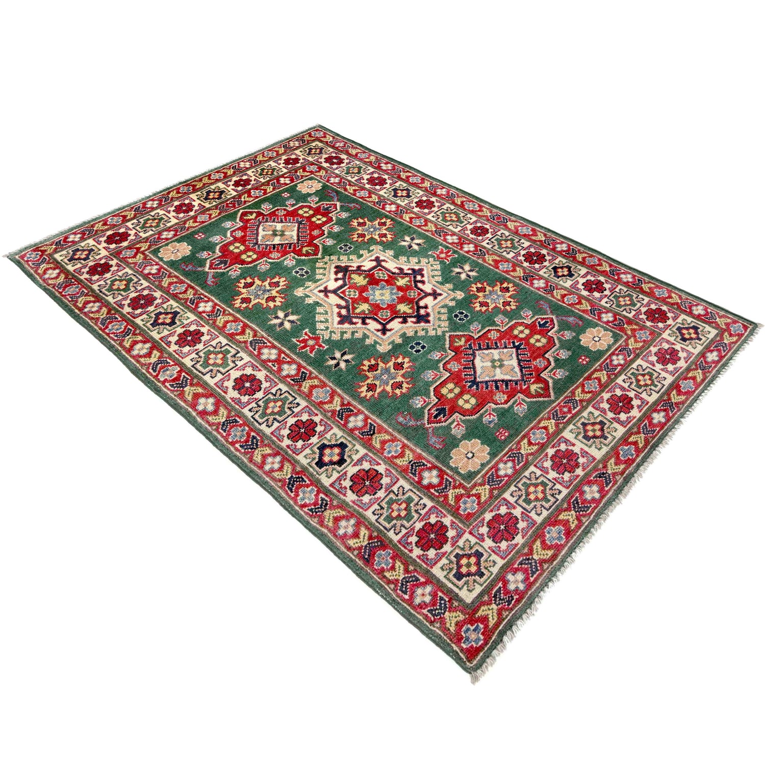 Kazak Rug Handmade Green Medallion 3x5 ft