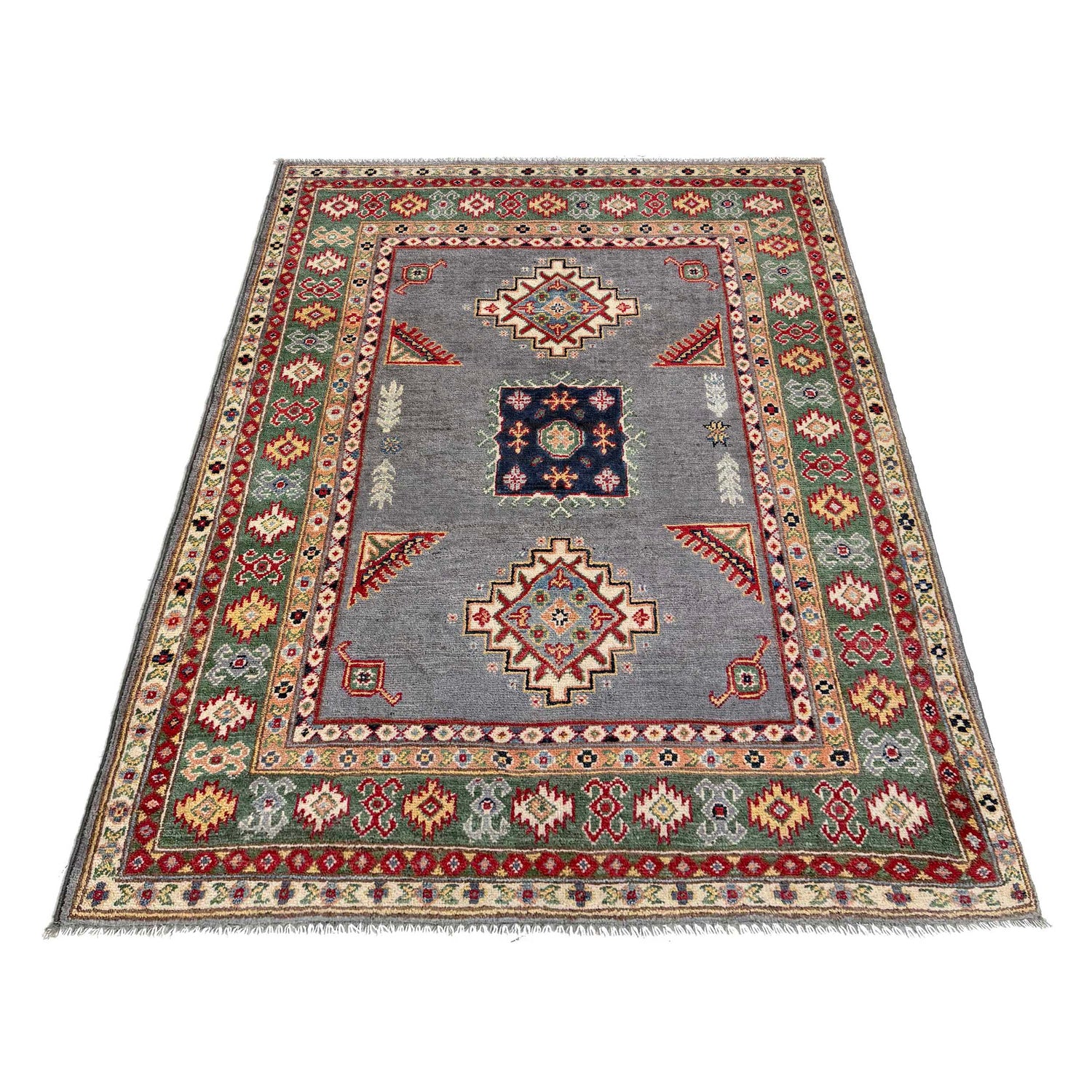 Kazak Rug Handmade Gray Medallion 3x5 ft