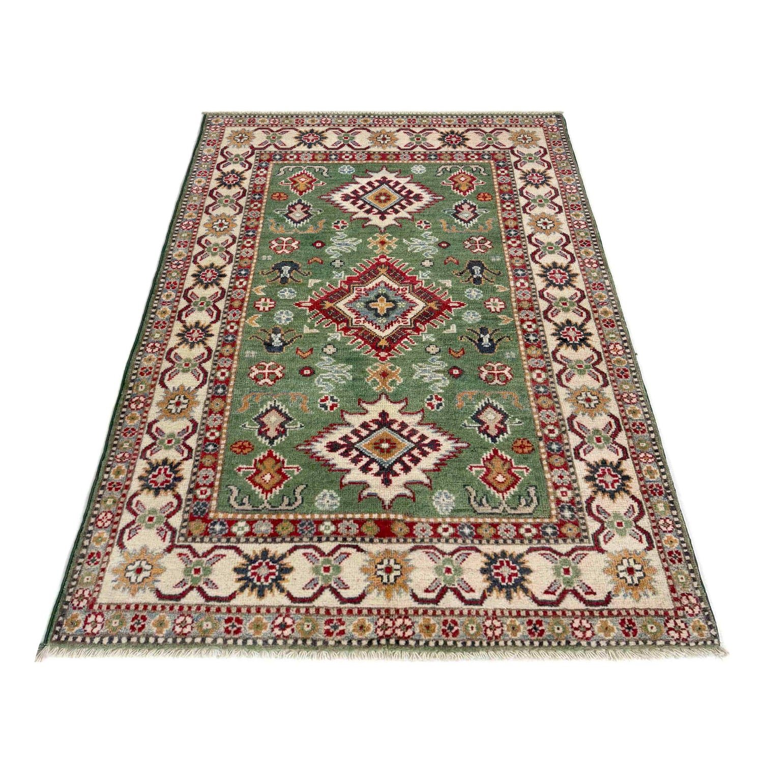 Kazak Rug Handmade Green Medallion 3x5 ft