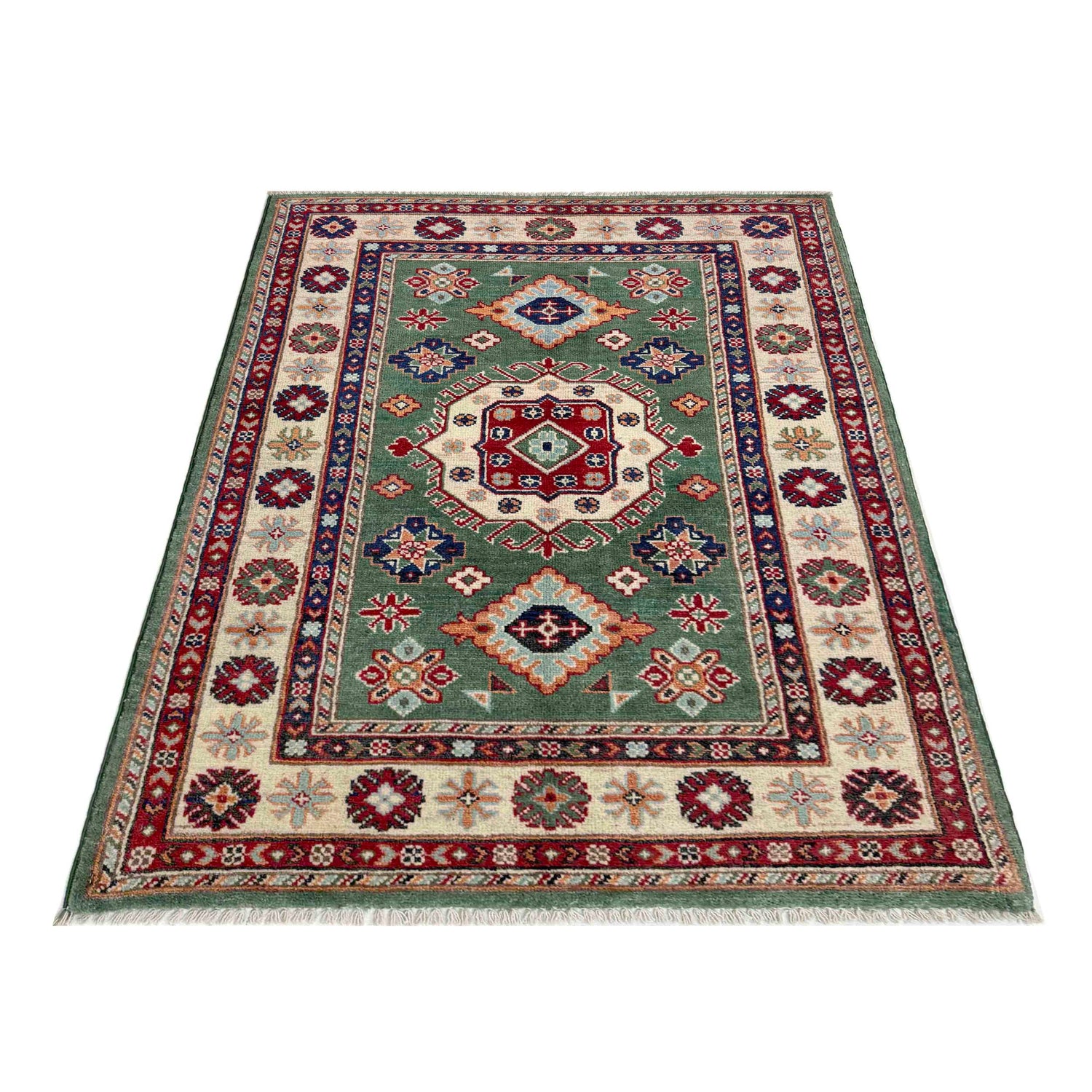 Kazak Rug Handmade Green Medallion 3x5 ft