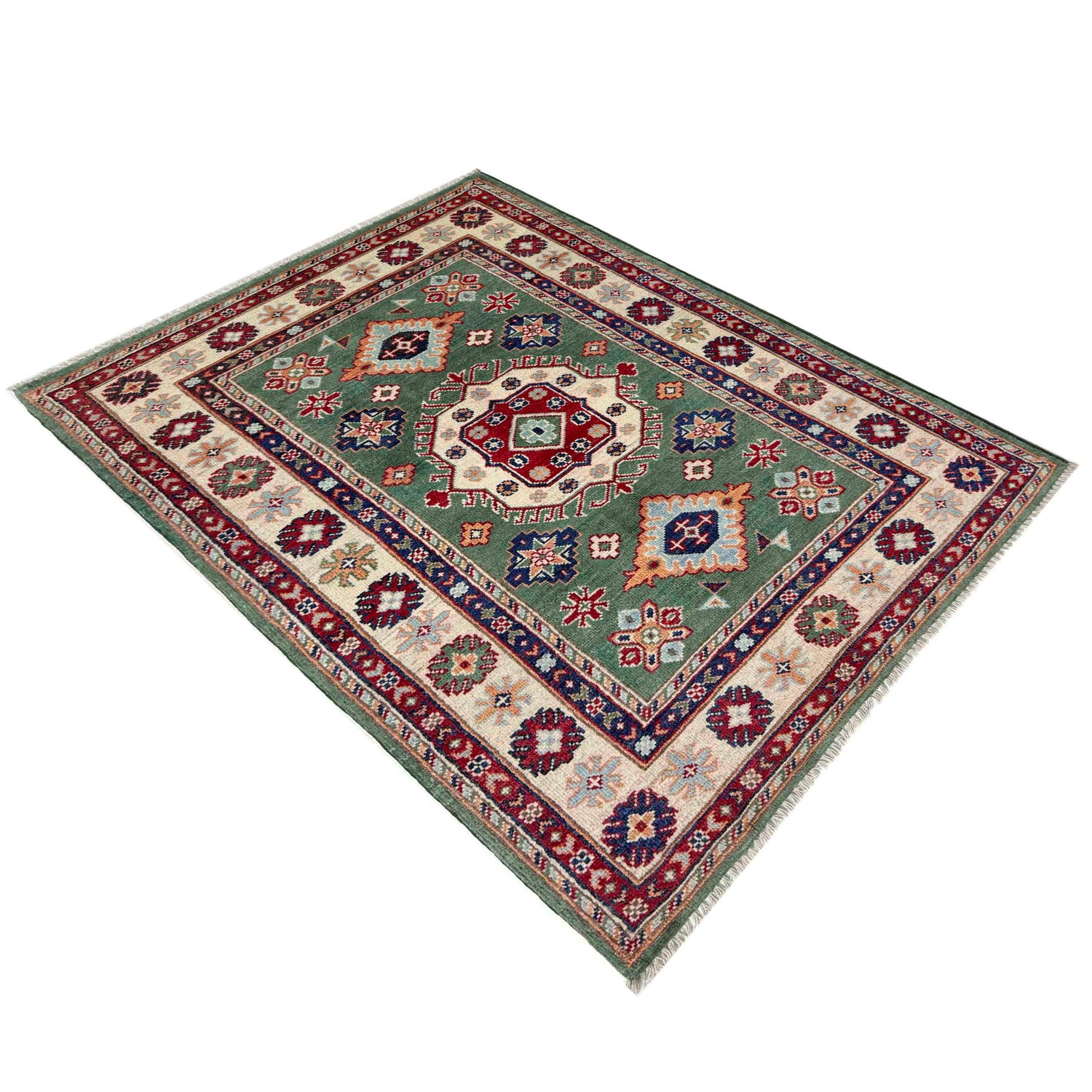 Kazak Rug Handmade Green Medallion 3x5 ft