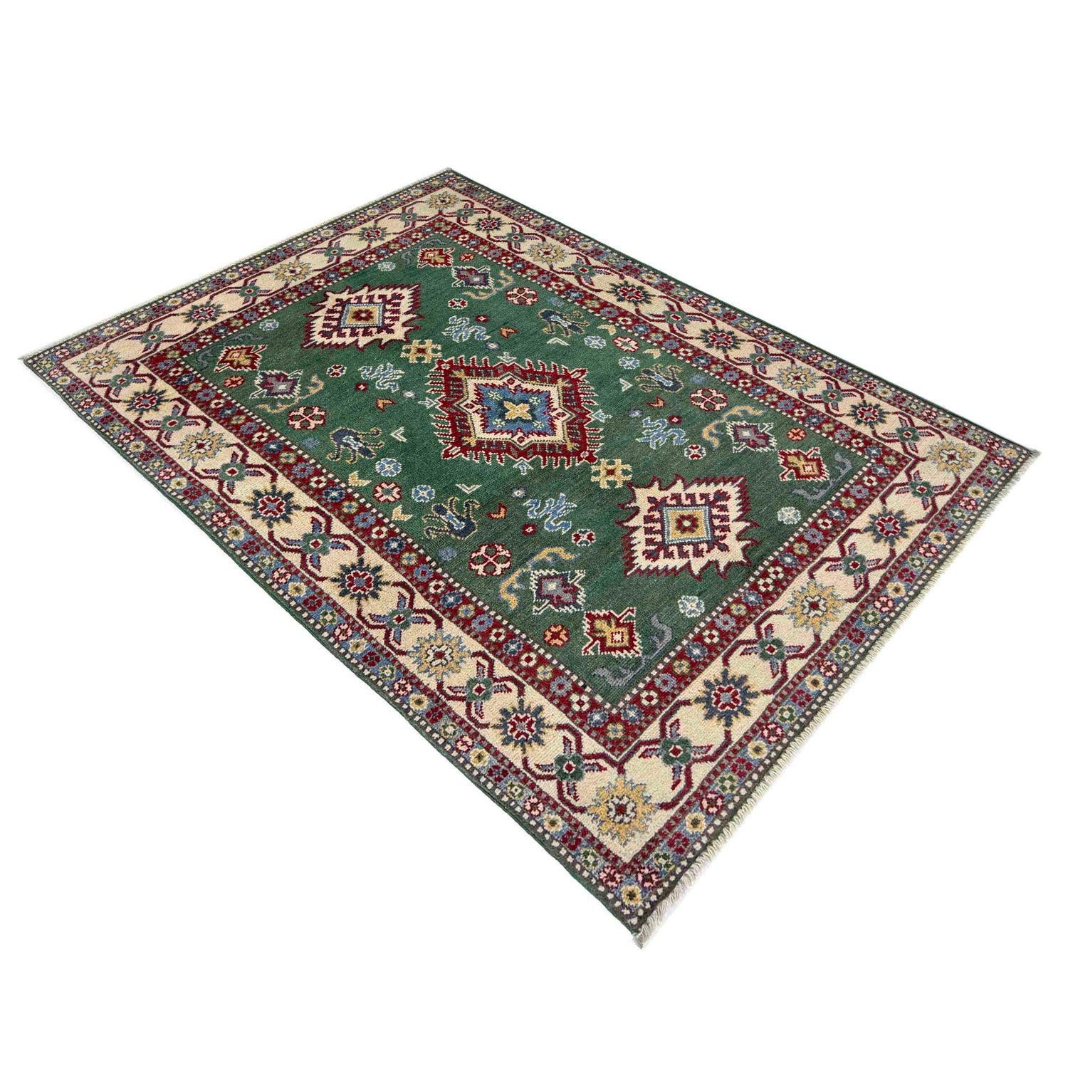 Kazak Rug Handmade Green Medallion 3x5 ft