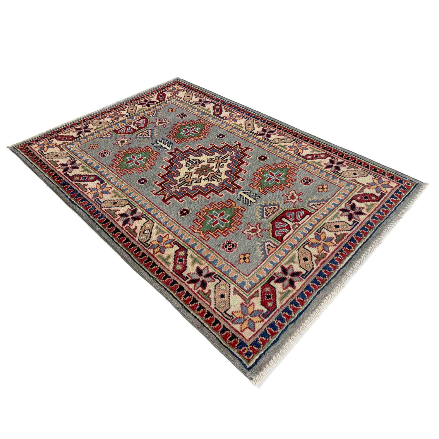 Kazak Rug Handmade Gray Medallion 2x4 ft