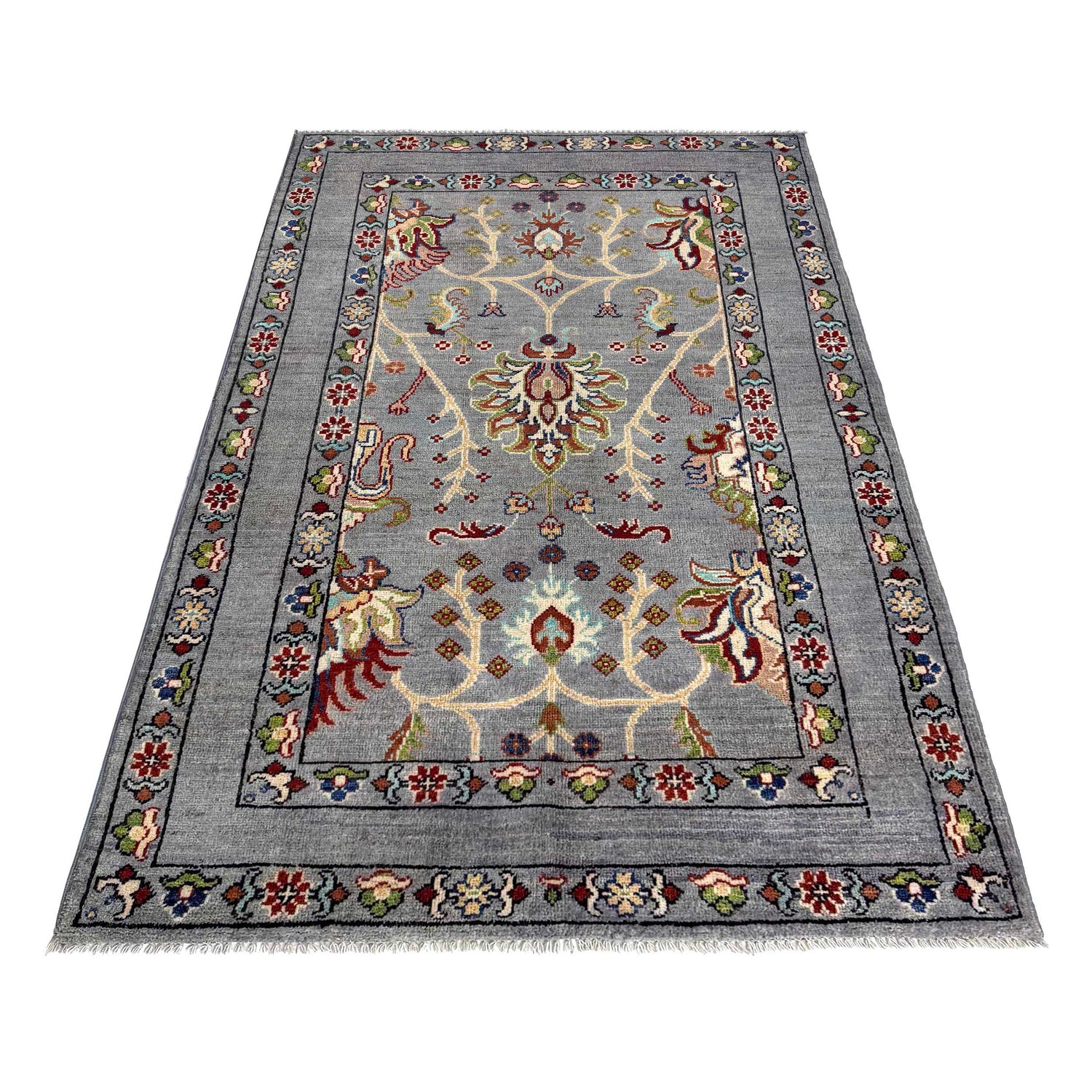 Sultani Area Rug Handmade Gray Floral 4x6 ft