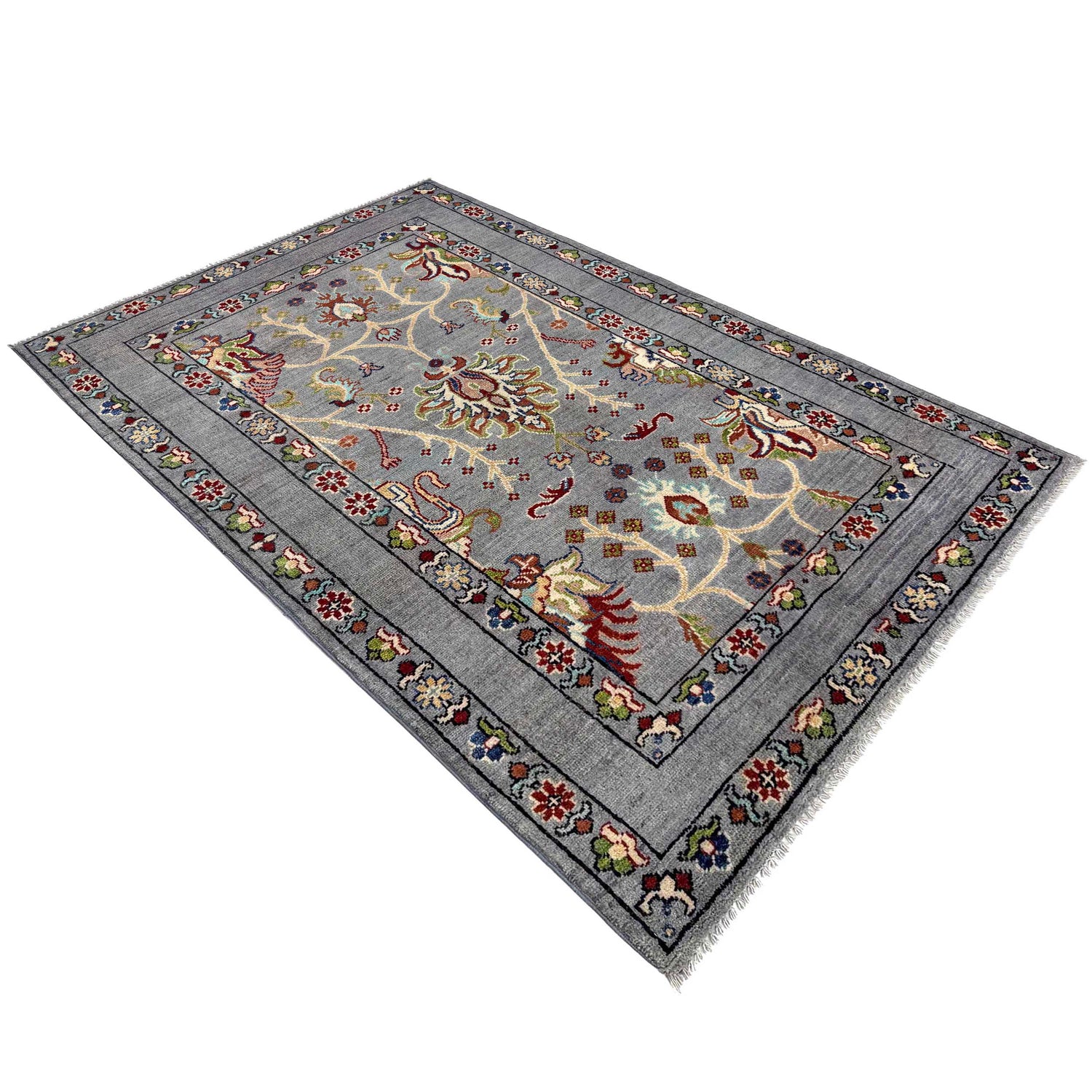 Sultani Area Rug Handmade Gray Floral 4x6 ft