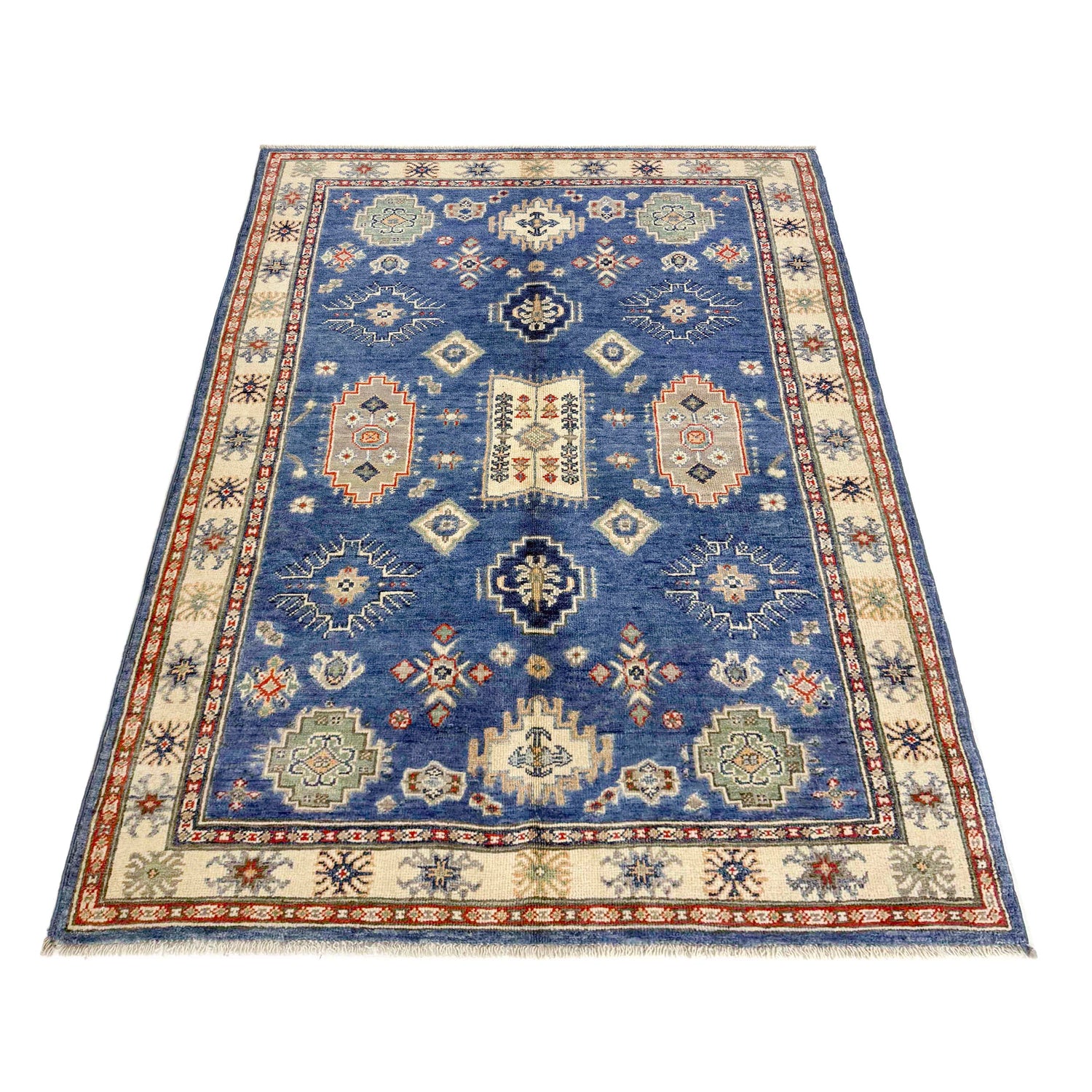 Kazak Rug Handmade Blue Medallion 4x6 ft