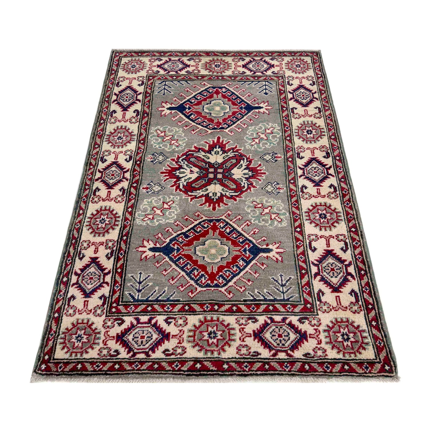 Kazak Rug Handmade Gray Medallion 2x4 ft