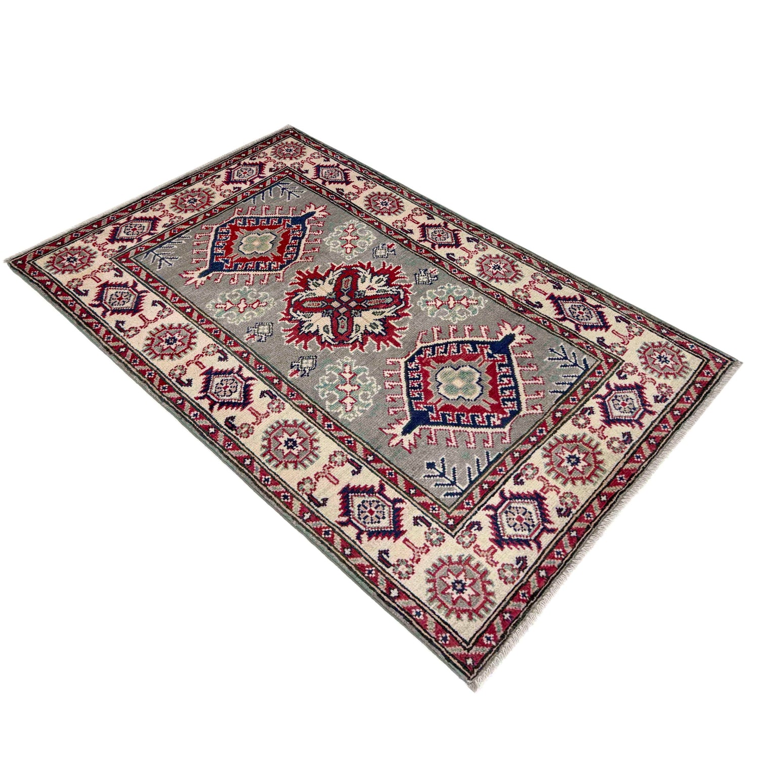 Kazak Rug Handmade Gray Medallion 2x4 ft
