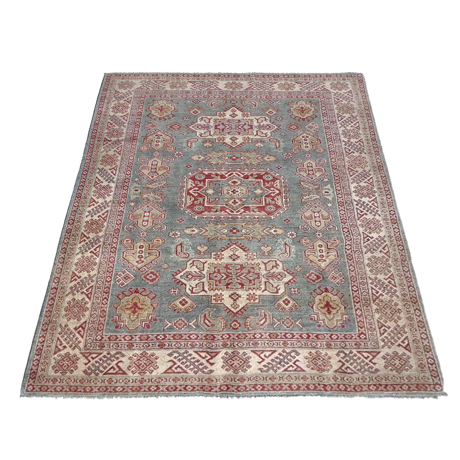 Kazak Rug Handmade Gray Medallion 6x9 ft