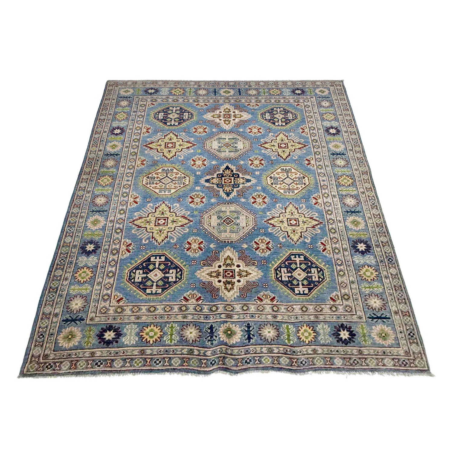 Kazak Rug Handmade Blue Medallion 4x7 ft