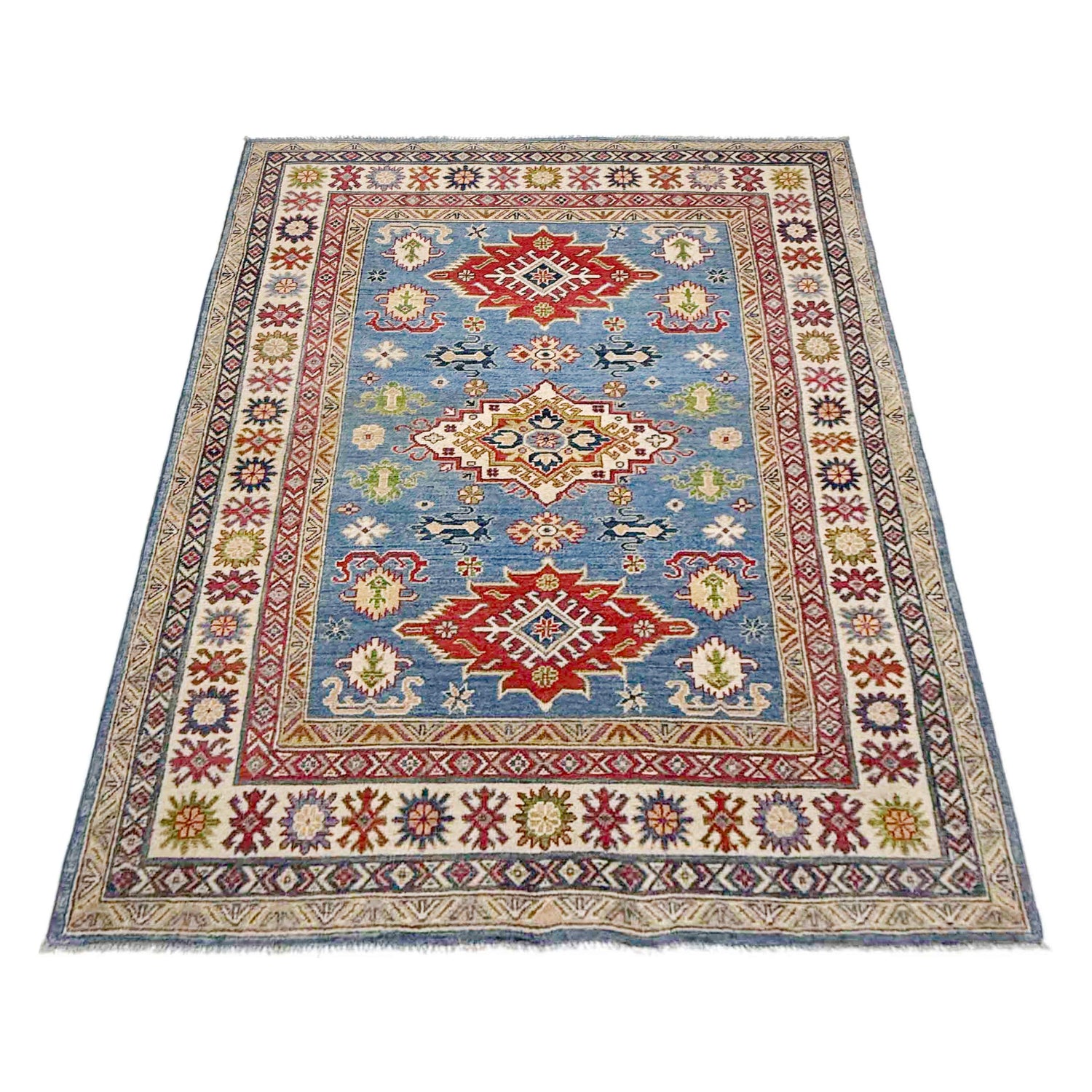 Kazak Rug Handmade Blue Medallion 4x7 ft