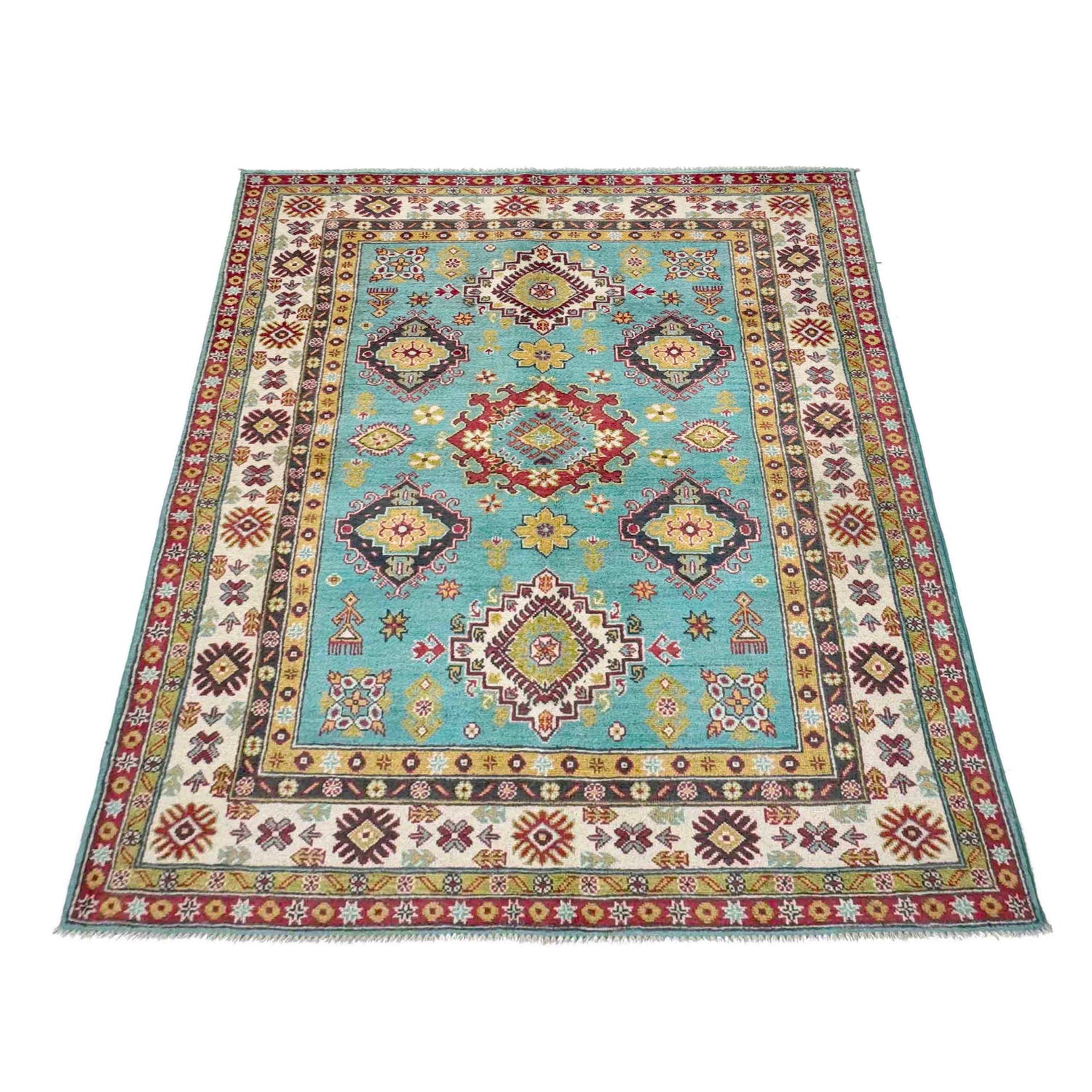 Kazak Rug Handmade Blue Medallion 4x7 ft