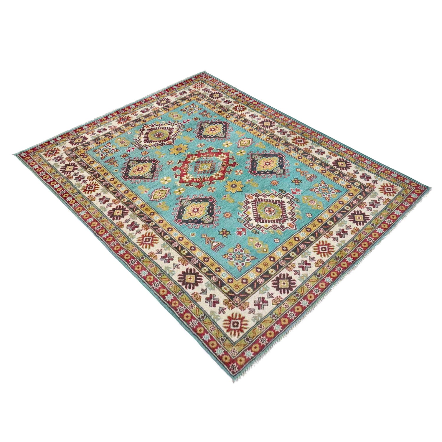 Kazak Rug Handmade Blue Medallion 4x7 ft